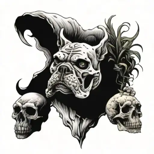 Bulldog Skull And Horse Skull Surrounded My Moss And Mushrooms