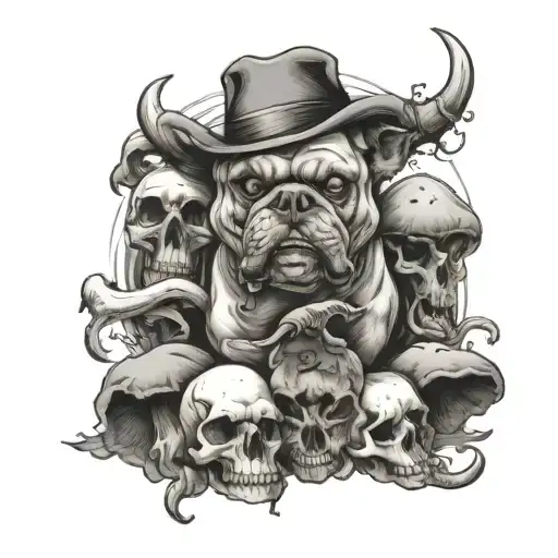 Bulldog Skull And Horse Skull Surrounded By Mushrooms