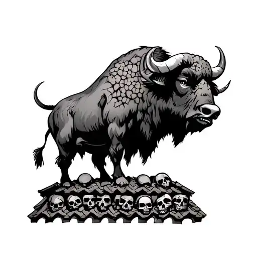 Cartoon Buffalo On A Roof Filled With Many Skulls