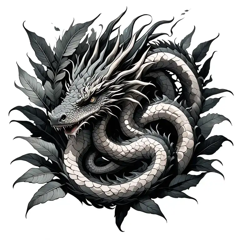 Dragon Stretched Out Around Plants And Leaves Intertwined