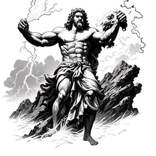 Angry Zeus Holding A Lightning And Throwing It Down A Mountain Realistic Tatto Style