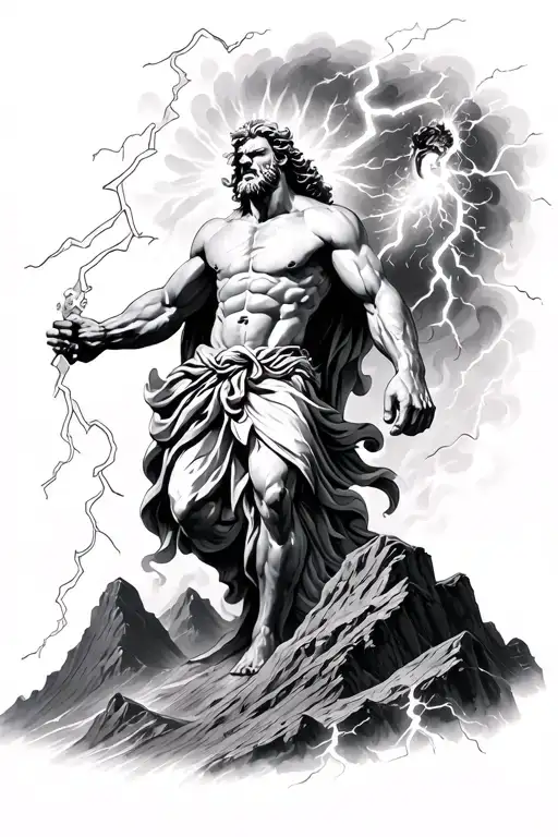 Angry Zeus Holding A Lightning And Throwing It Down A Mountain Realistic Tatto Style