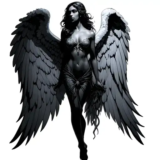 Pretty Angel Woman Side Ways With Big Long Wings Spread Wide