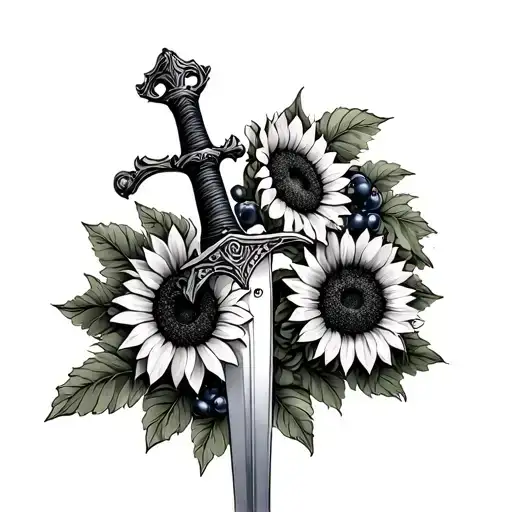 A Sword Surrounded By Sunflowers And Huckleberries