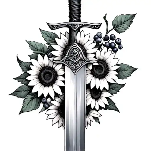 A Sword Surrounded By Sunflowers And Huckleberries