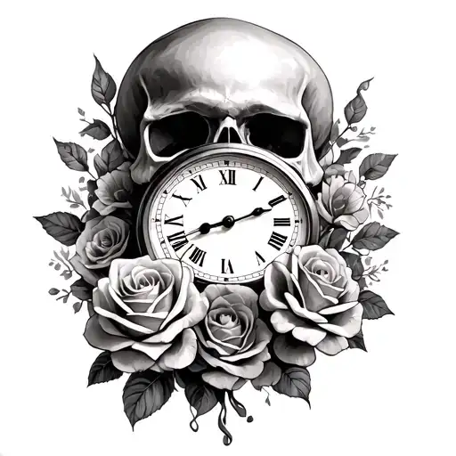 Skull And Time Clock With Roses