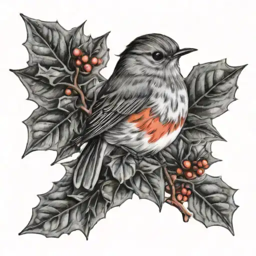 Black And Grey Photo Realistic Red Breasted Robin On A Holly Leaf