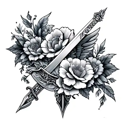 Fine Line Tattoo With Flowers And Wings And Sword