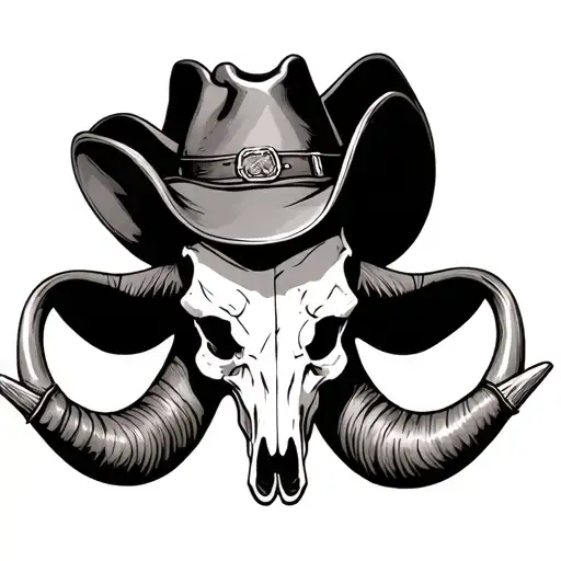 Longhorn Skull With Cowboy Hat On One Horn And Pistle Hosted On Other Horn