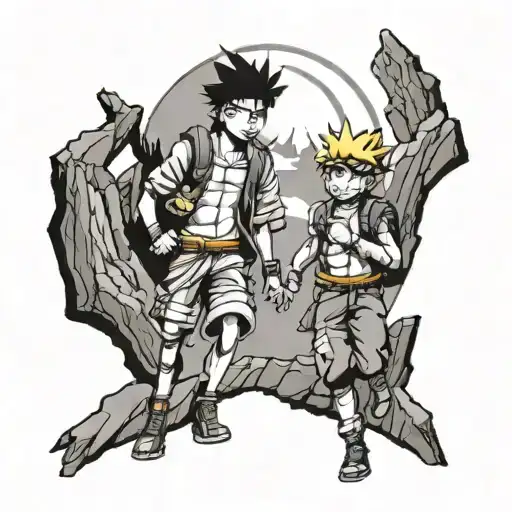 A Tattoo Design Of Naruto And Luffy From One Piece Hiking Together In The Mountains Of Spain