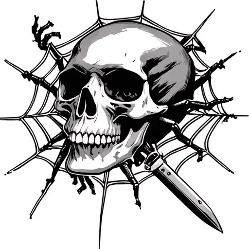A Skull With A Spider Crawling Around And Spiderwebs And A Knife