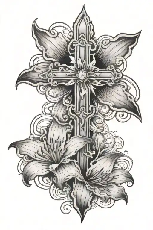 Cross With Water Lillie's In Thigh Tattoo Design