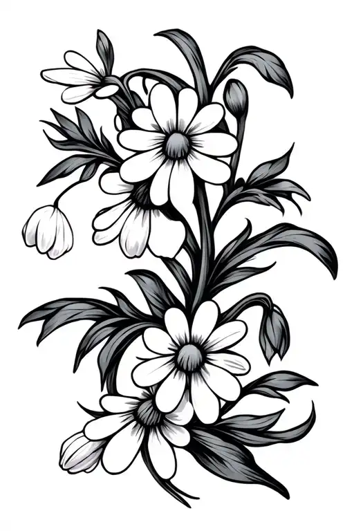 Fine Line Simplistic Vine With Snowdrops And Daisies Intertwined