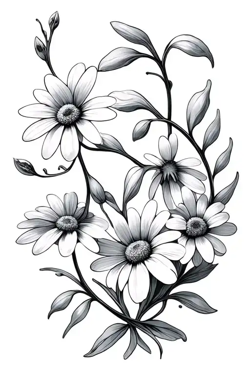 Fine Line Simplistic Vine With Snowdrops And Daisies Intertwined