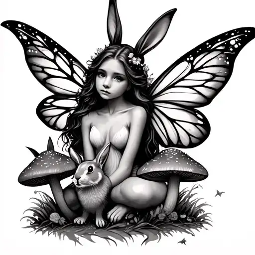Fairy With Mushrooms And Bunny