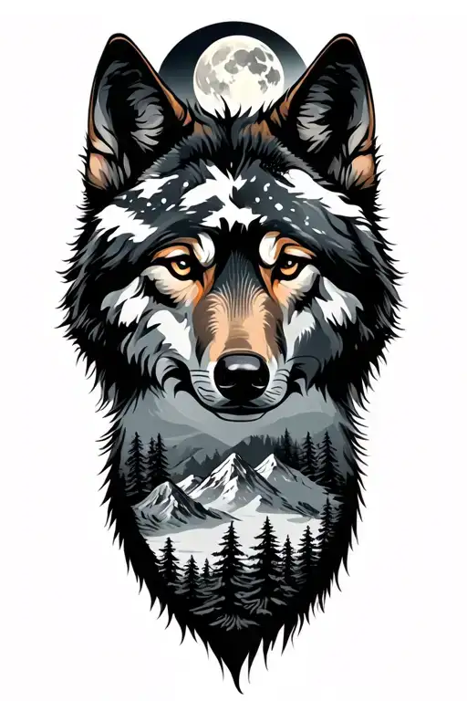 Wolf Face Mountains Moon And Trees