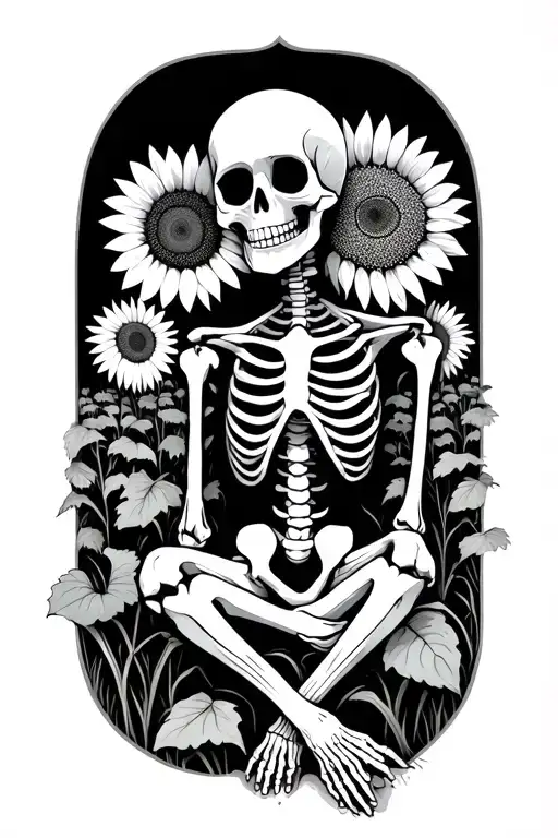 Skeleton Sitting In The Sunflower Field