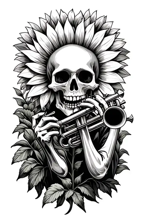 Skeleton Playing Trumpet In The Sunflower Field