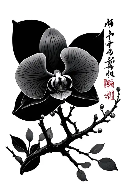 Minimalist Orchid With Korean Calligraphy At The Ends Of The Branch