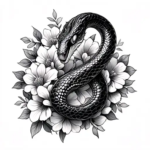 Snake Head In Flowers Intertwined