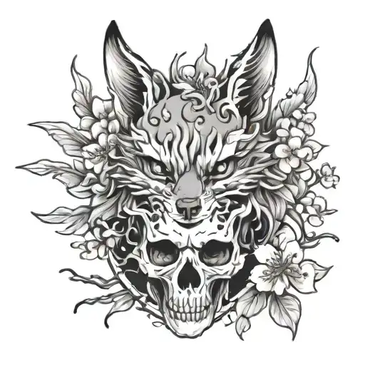 Full Bodied Nine-tailed Fox In Front Of Cherry Blossom Tree Growing Out Of A Skull