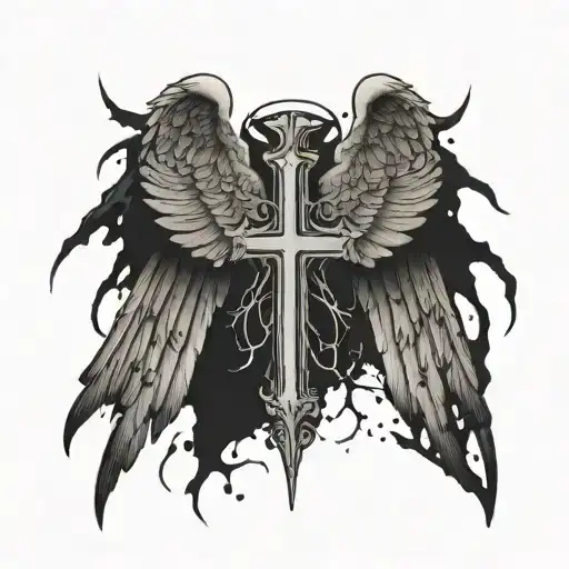 Stab Marks With Blood Dripping Out Angel Wings With Cross
