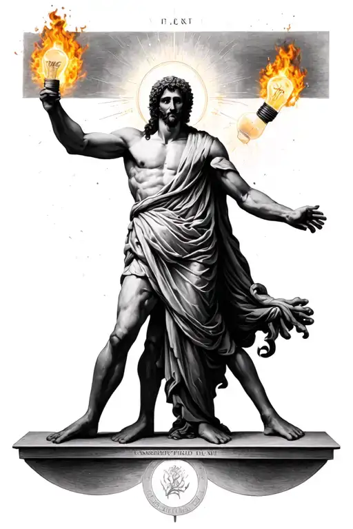 Vitruvian Man Standing With Light Bulb On Fire Rising