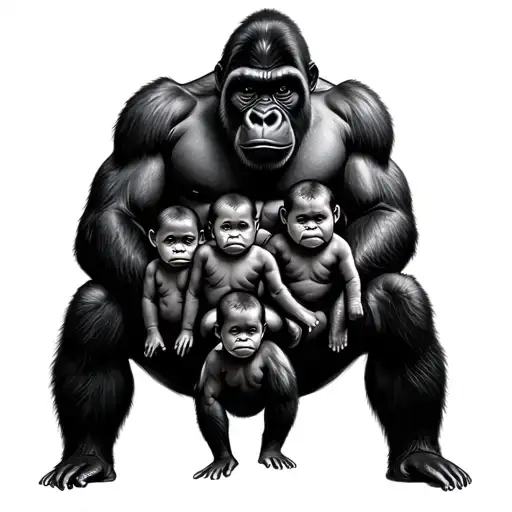 Gorilla Dad With 3 Babies On Lap