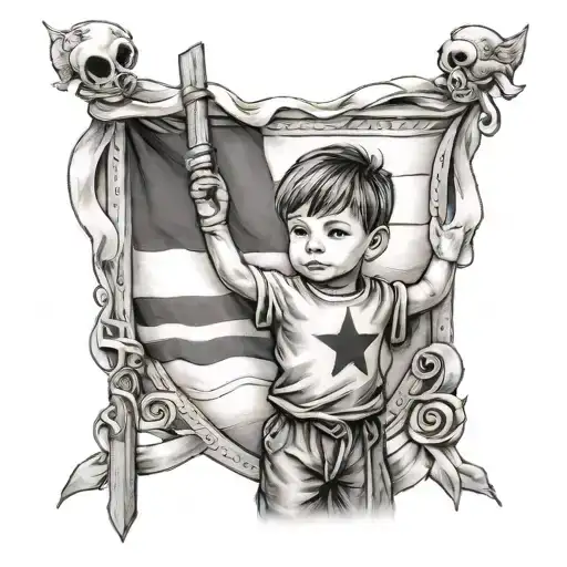 Create A Black And Grey Tattoo Of A Child Holding A Corinthians Flag From 1987