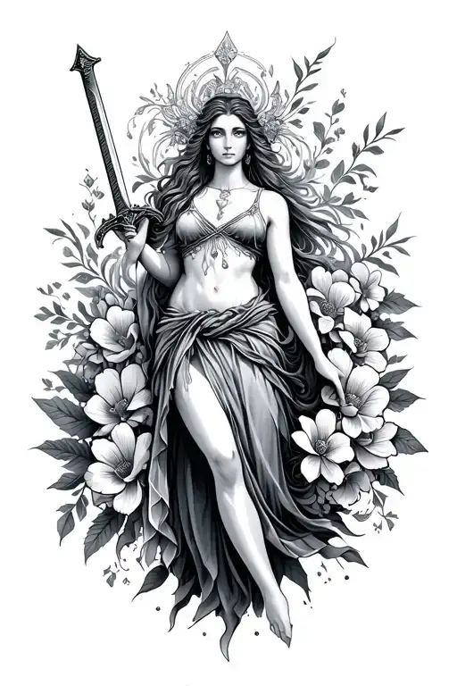 Water Goddess Holding A Sword And Surrounded By Flowers