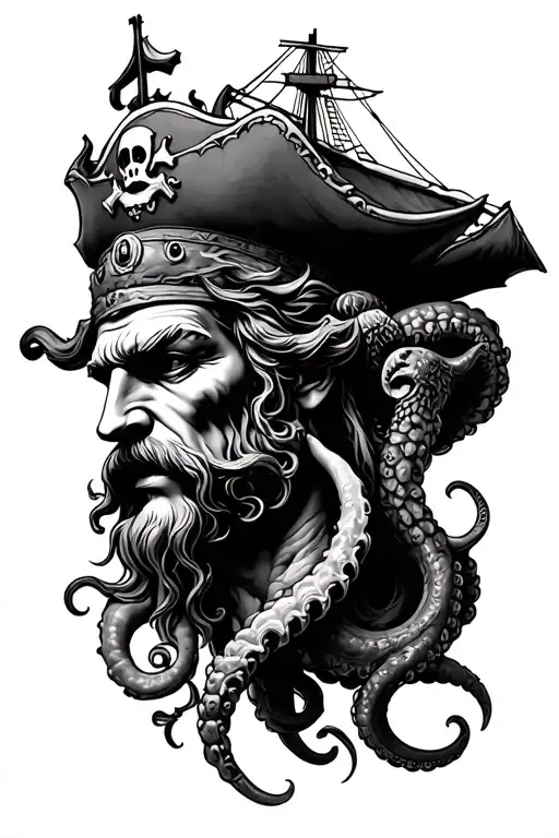Realistic Head Of Poseidon Combined With Pirateship And Kraken