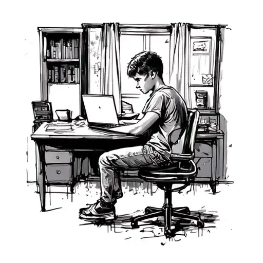 A Tattoo Sketch Of A Teenage Boy Sitting At A Desk On A Laptop In A Bad House