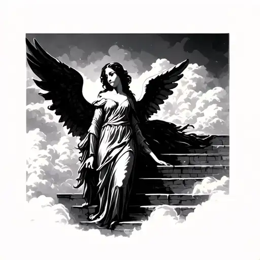 Female Angel In Cloud Background Stairway