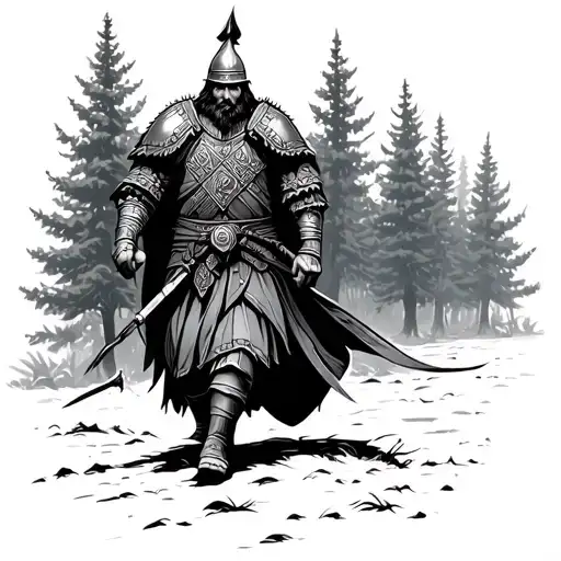 Ancient Russian Warrior Walking Home Against The Forest Background