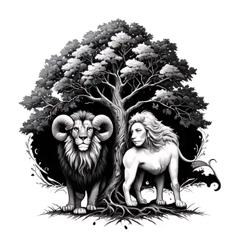 Aries With Lion And Mother Tree Growing