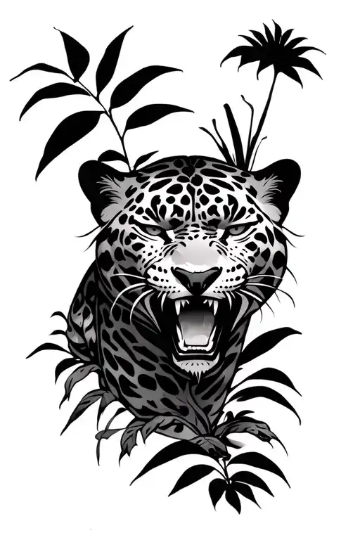 Jaguar With Angry Face And Plants Like Adam's Rib