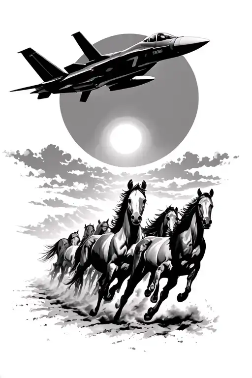 Herd Of Horses Running While An F-35 Is Flying Towards The Sun