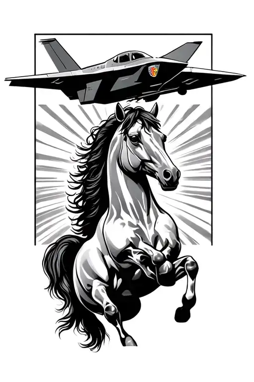 Rearing Horse And An F-35 Flying Over It With The Sun In The Back