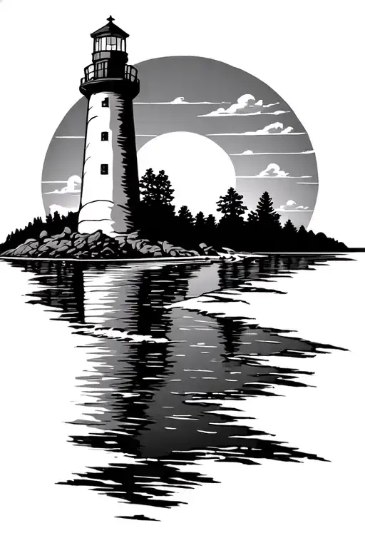 River Mouth With Lighthouse And Sunset
