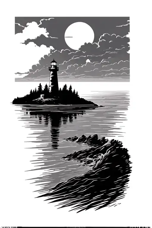 River Mouth Leading To Lake With Lighthouse Island In The Lake And Sunset Background