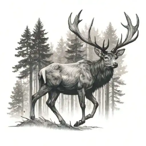 A Stag Atanding In The Middle Of A Forest With Trees Around And His Antlers Strong