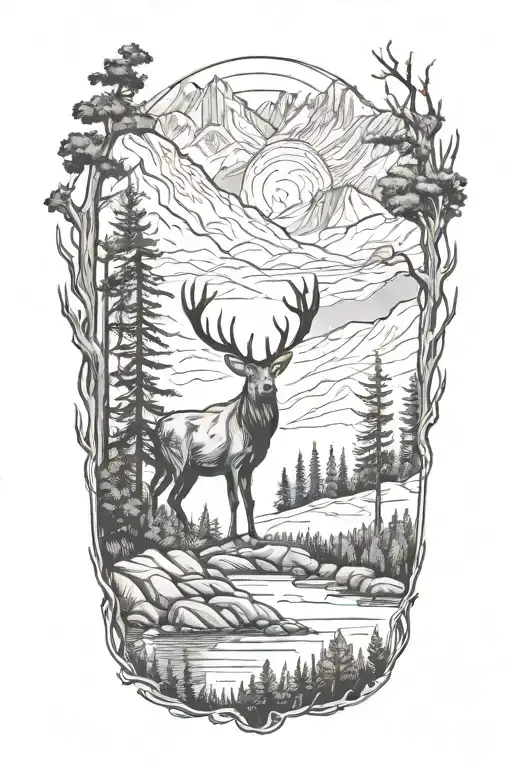 A Stag Atanding In The Middle Of A Forest With Mountains