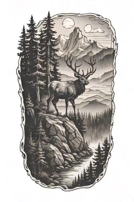 A Stag Atanding In The Middle Of A Forest With Mountains