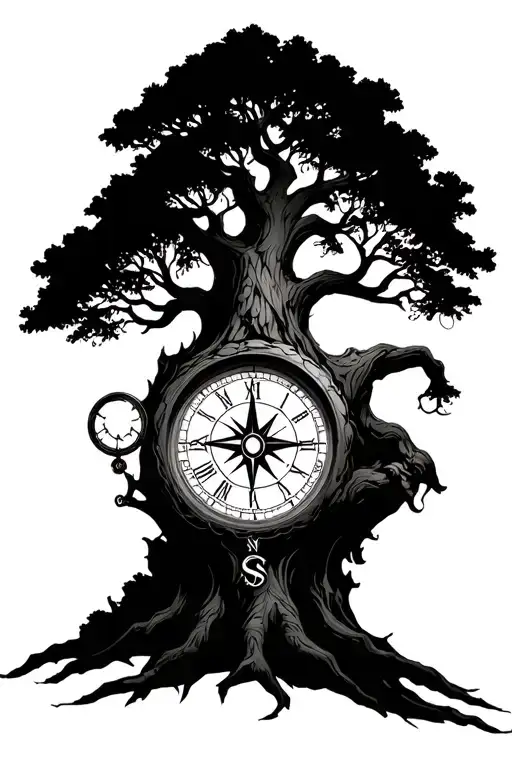 A Large Tree With A Compass And A Clock