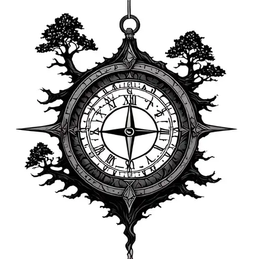 Single Tree With A Clock And Compass Behind