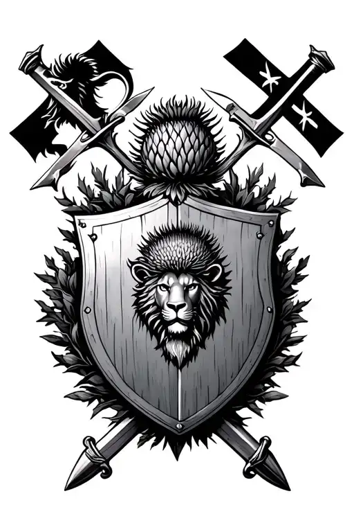 Scottish Thistle With Shield And Swords And Lion Rampant With Saltire In The Background