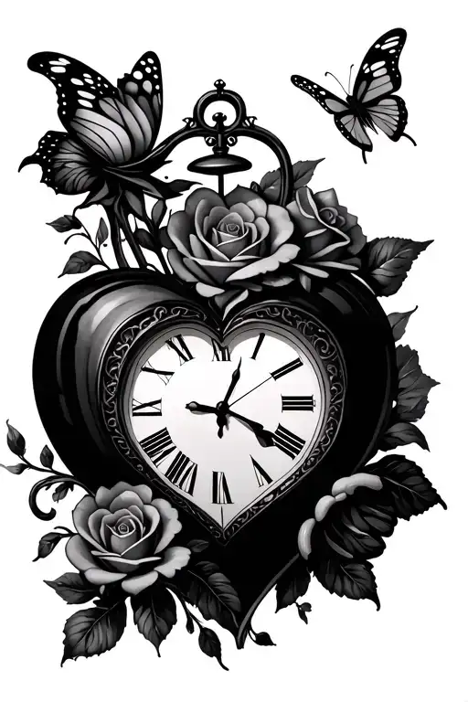 Heart Clock Roses Butterflies Flowers