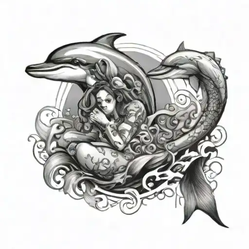 Dolphins Around A Mermaid Sitting