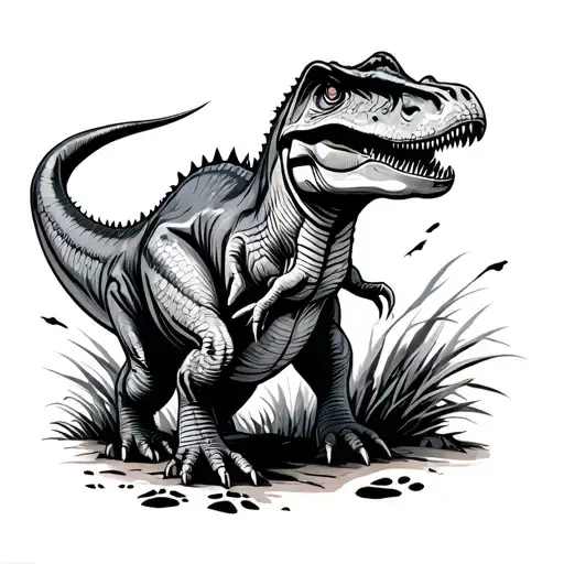 Line Art Dinosaur With Footprints Behind
