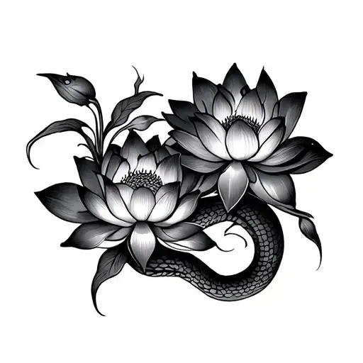 Lotus Flowers With Snake Intertwined